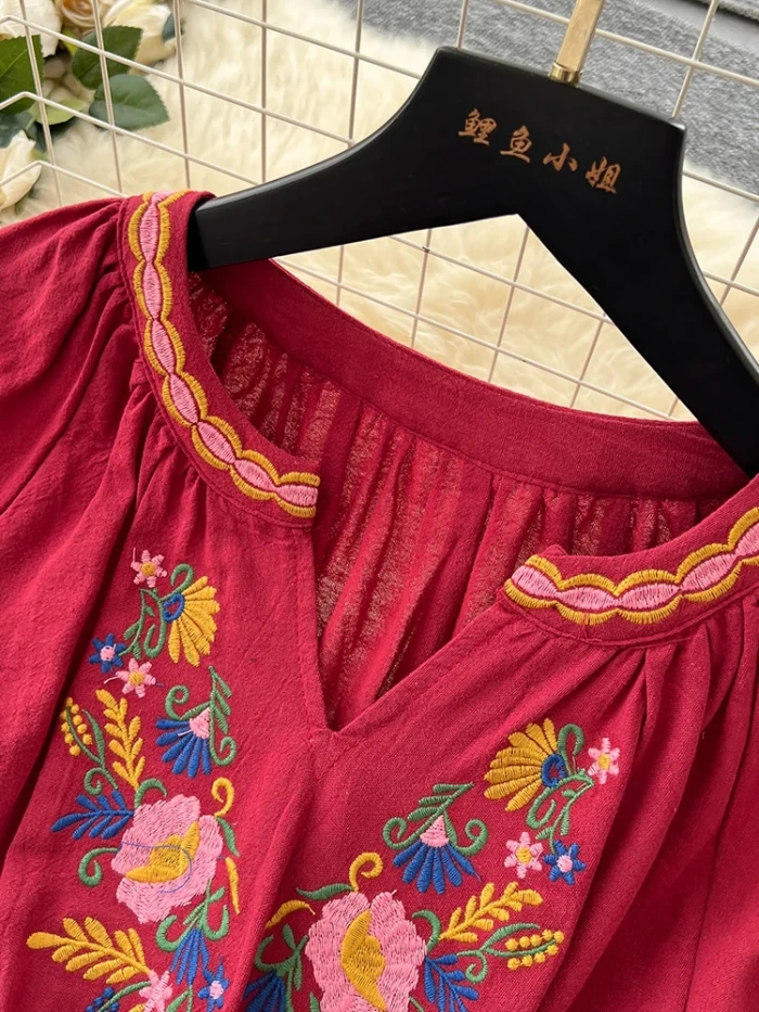 Vacation Retro Ethnic Style Embroidered V-neck Flared Sleeve Waist Cinched Dress