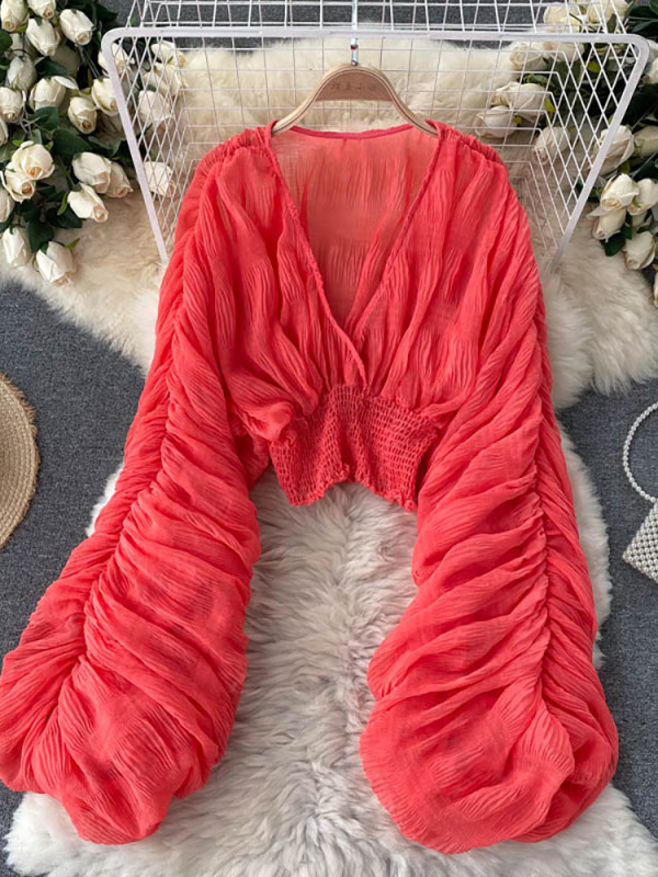 Sexy Draped Chiffon Blouse For Women Elegant V-Neck Puff Long Sleeve Short Tops