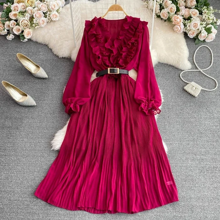 Retro Temperament V-neck Ruffled Bubble Long-sleeved Waist Slimming A-line Pleated Dress