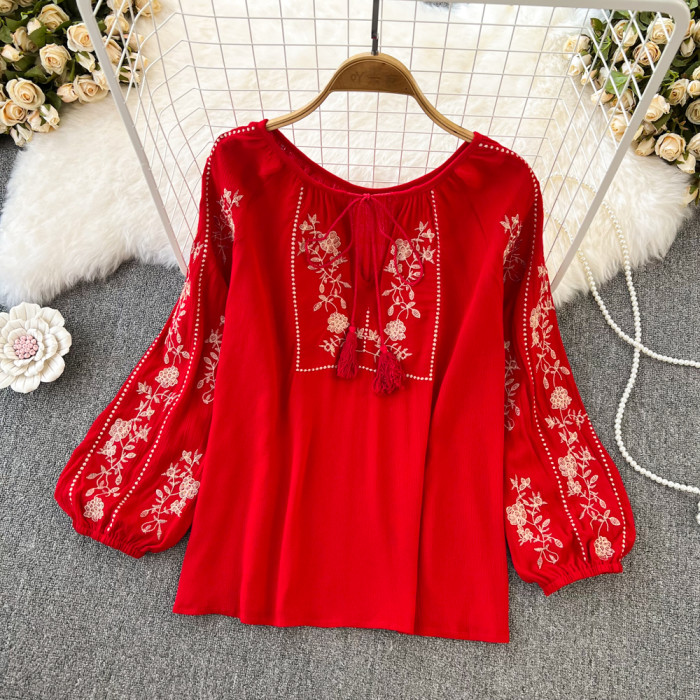 Women Spring Autumn Blouse Vintage National Style Long Sleeve Round Neck Pullover Embroidery Loose Shirt Doll Shirt Top