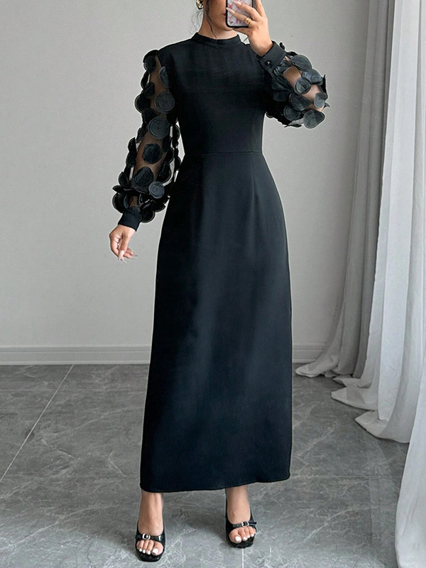 Zipper Split-Joint Split-Back Solid Color Pleated Long Sleeves High Waisted Mock Neck Maxi Dresses