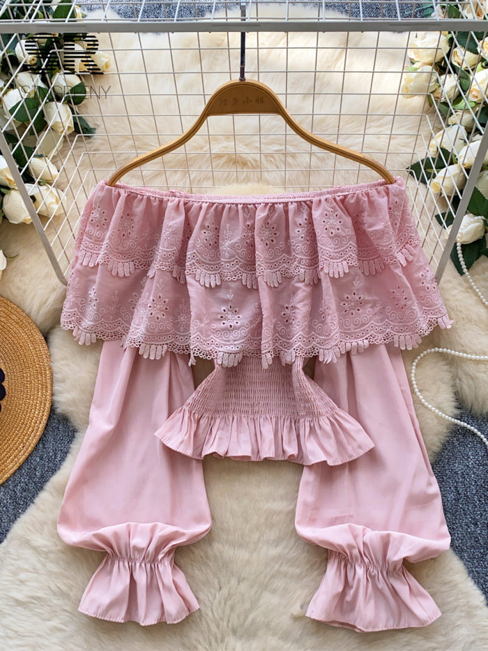 Floral Embroidery Lace Blouse Off Shoulder Long Sleeves Elastic Wiast Vacation Bohemian Sexy Shirt