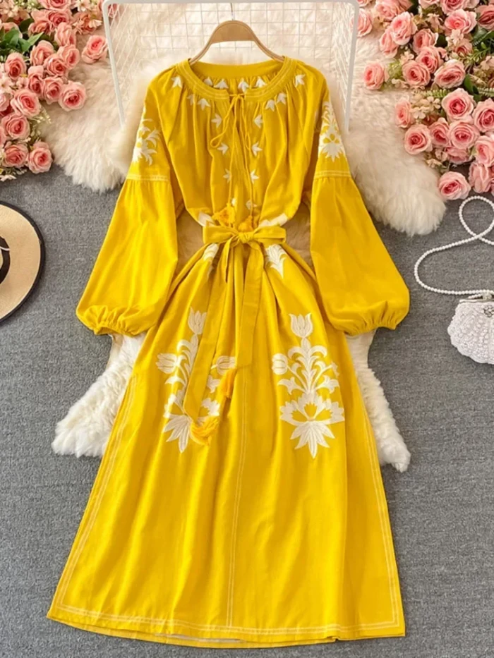 Holiday Embroidered Round Neck Lantern Sleeve Bohemian Vintage Loose Swing Dress