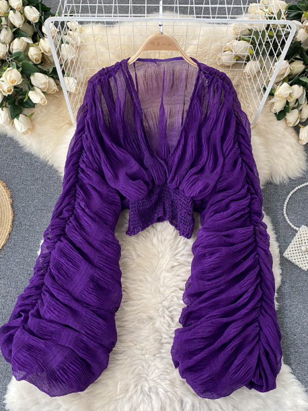 Sexy Draped Chiffon Blouse For Women Elegant V-Neck Puff Long Sleeve Short Tops