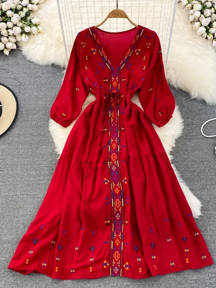Bohemian Retro Ethnic Embroidery V-neck Waist A-line Seaside Holiday Swing Long Vestidos Dress