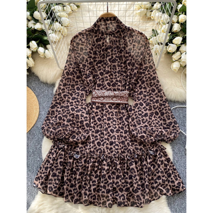 Fashionable Scarves Straps Waistband Lantern Sleeves Leopard Print Mesh A-line  Mini Dresses