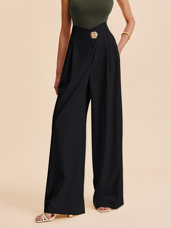 Solid Color Pleated Buttoned Wide Leg Loose Trousers Pants