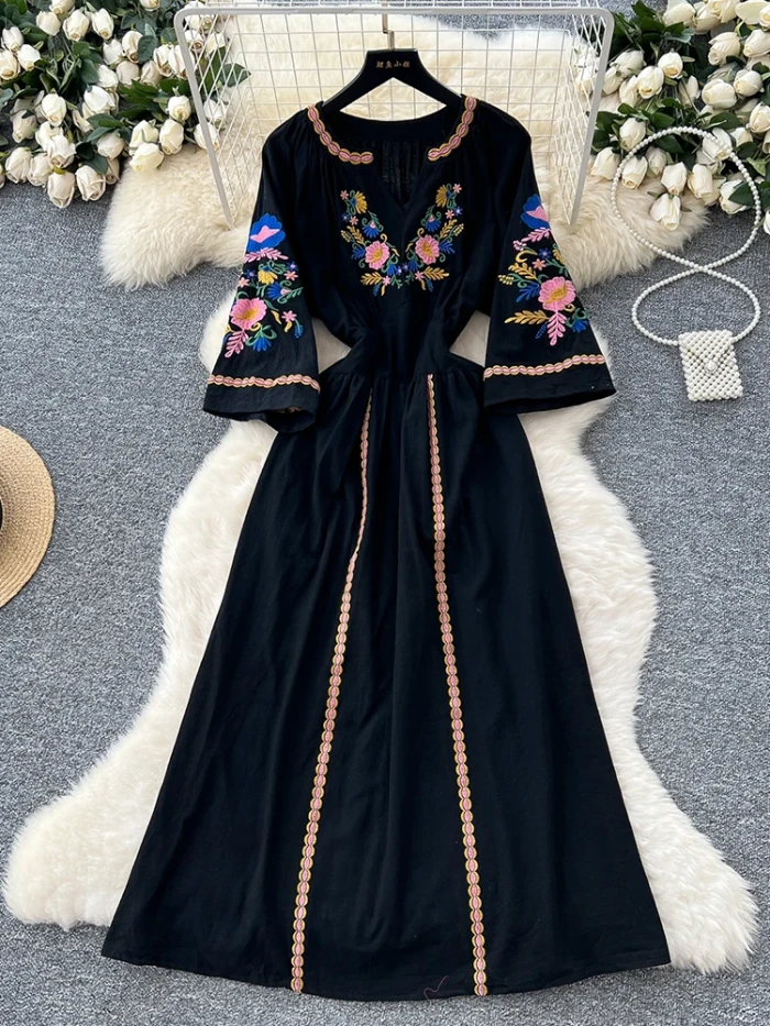 Vacation Retro Ethnic Style Embroidered V-neck Flared Sleeve Waist Cinched Dress