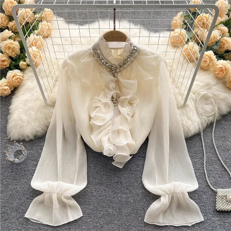 French Elegant Shirts Women Design Diamonds Loose Casual Tops Long Sleeve Ruffles Gentle Office Lady Blouses