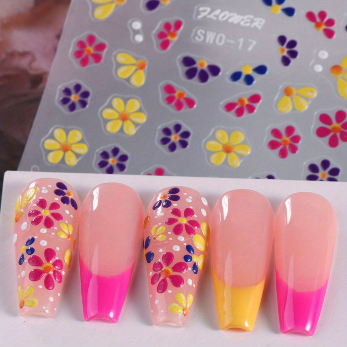 Colorful 5D Embossed Flower Nail Stickers, Semi-Glossy Irregular Fantasy Floral Nail Art Decals, Single Use DIY Self-Adhesive Summer Manicure Decor, Plastic Unscented Embroidered Sliders - 1 Sheet