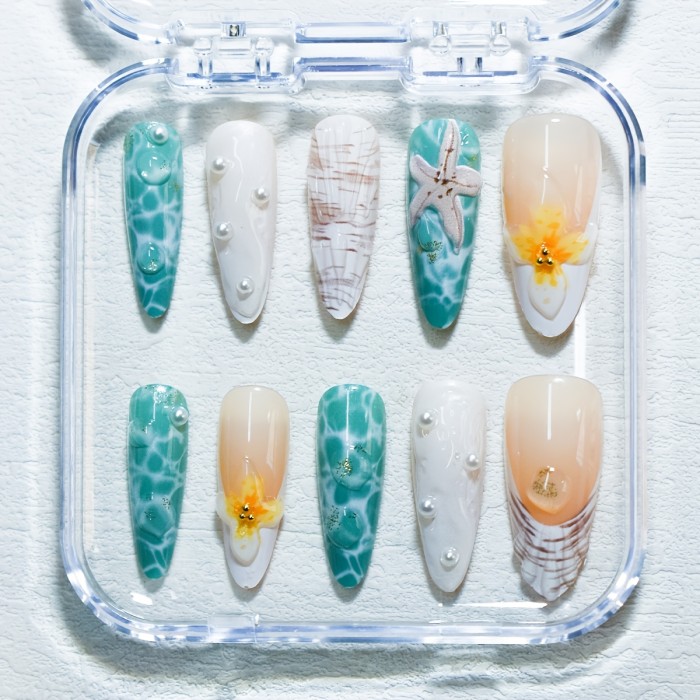 10pcs Set Almond-Shaped Handcrafted 3D Nails, Mixed Color Ocean-Inspired Design with Floral, Starfish, Pearls & Seashell Accents, Glossy Finish, Medium Length for Women and Girls Daily Wear & Gift