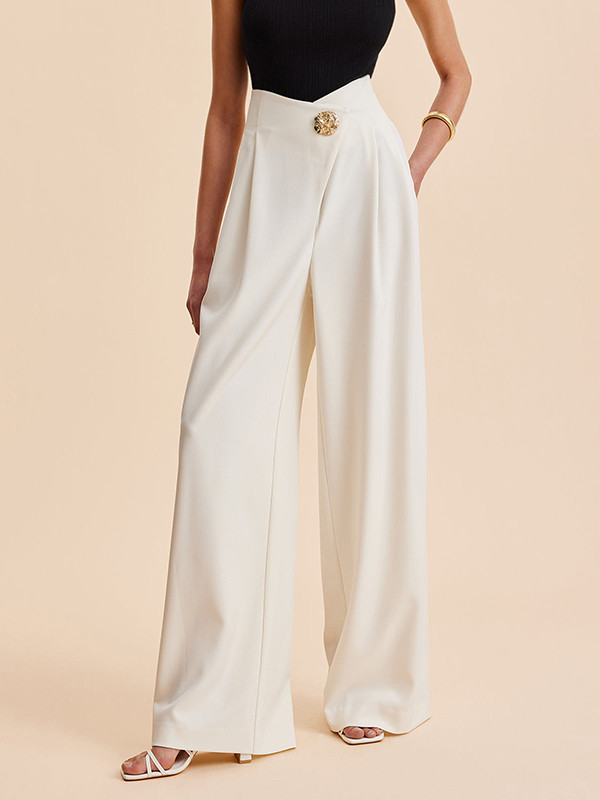 Solid Color Pleated Buttoned Wide Leg Loose Trousers Pants