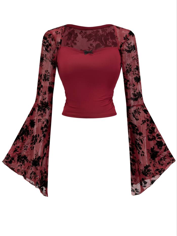 Elegant 's Camisole Top with Bell Sleeves & Lace Detailing - Stretchy Slim Fit, Adjustable Tie Waist, All-Season Versatile Wear, Casual Chic Top, Sophisticated Camisole, Polyester Blend Top