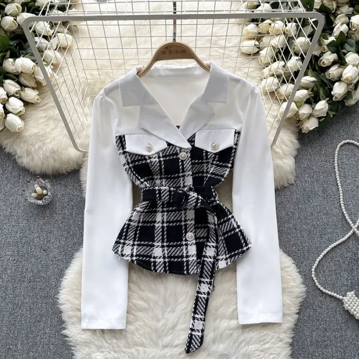 Women Autumn Shirt High Grade Fake Two Piece Checkered Shirt Color Matching Strap Design Feeling Niche Temperament Top