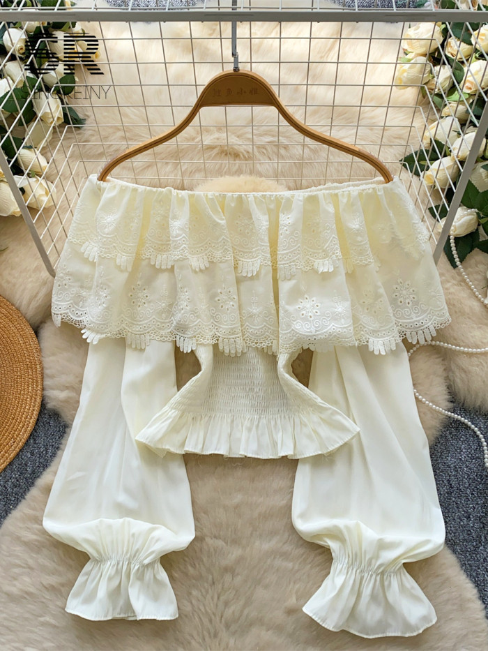 Floral Embroidery Lace Blouse Off Shoulder Long Sleeves Elastic Wiast Vacation Bohemian Sexy Shirt
