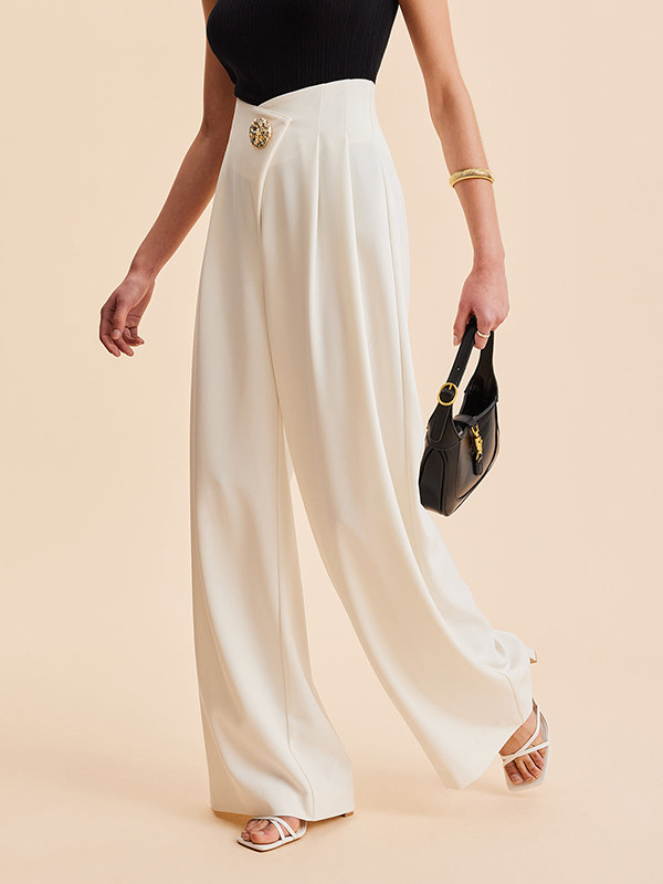 Solid Color Pleated Buttoned Wide Leg Loose Trousers Pants