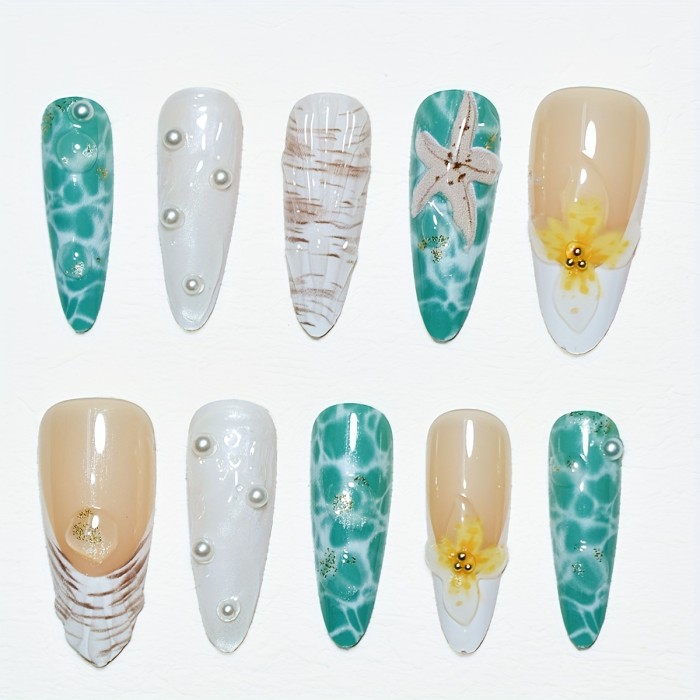 10pcs Set Almond-Shaped Handcrafted 3D Nails, Mixed Color Ocean-Inspired Design with Floral, Starfish, Pearls & Seashell Accents, Glossy Finish, Medium Length for Women and Girls Daily Wear & Gift