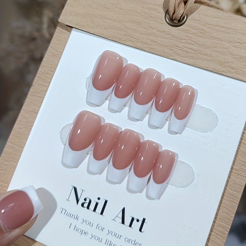 10pcs Handmade Press On Nails Nude Fake Nails With White French Tips, Glossy Long Coffin Shape Minimalist Style False Nails For Women Girls