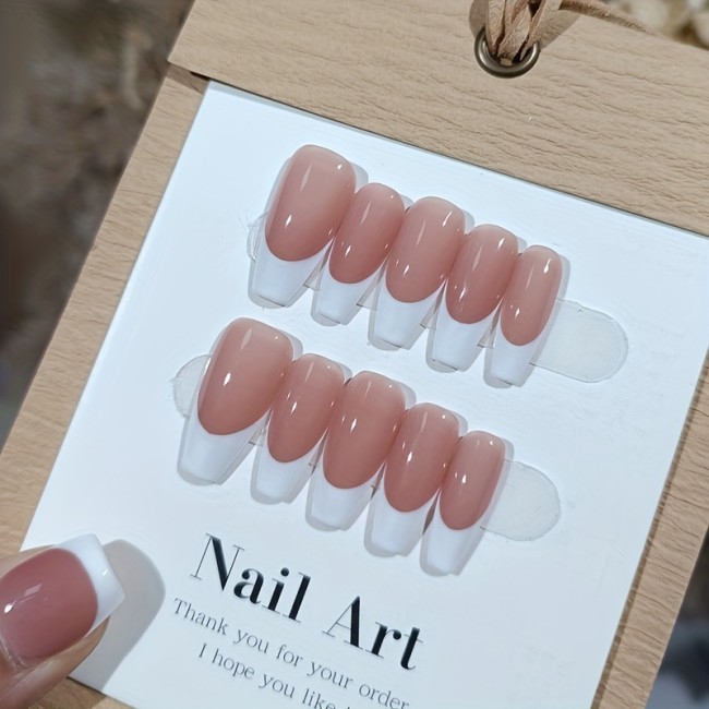 10pcs Handmade Press On Nails Nude Fake Nails With White French Tips, Glossy Long Coffin Shape Minimalist Style False Nails For Women Girls