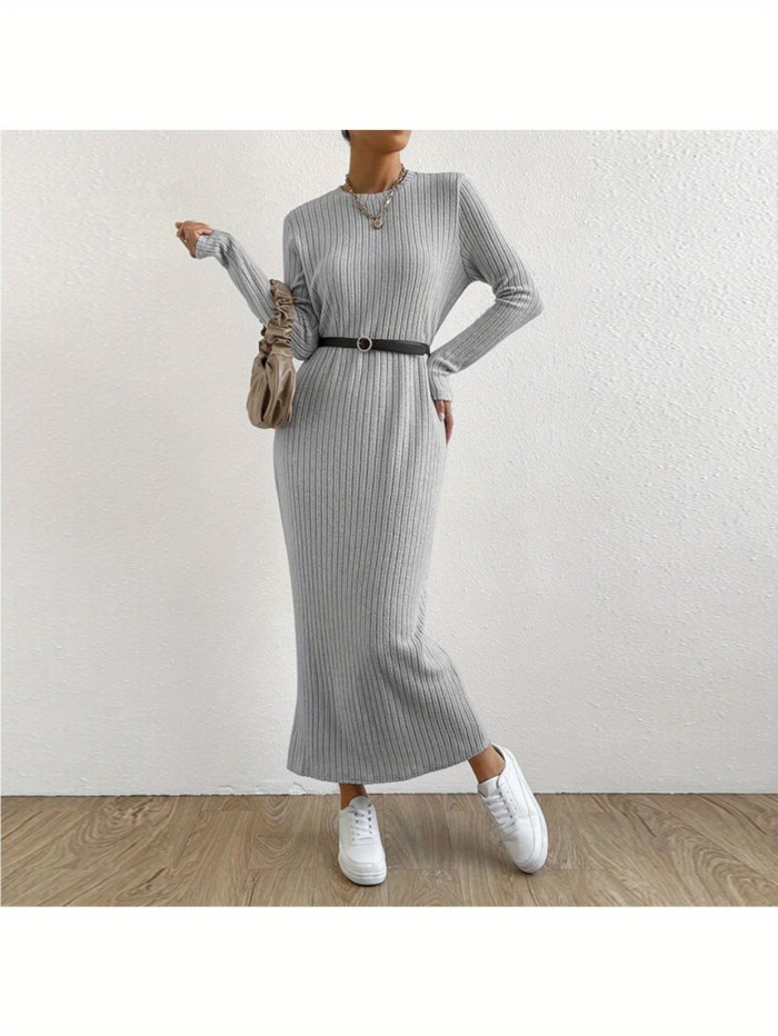 Elegant Ribbed Slim-Fit Long Sleeve Solid Color Round Neck A-Line Casual  Dress