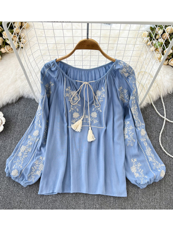 Women Spring Autumn Blouse Vintage National Style Long Sleeve Round Neck Pullover Embroidery Loose Shirt Doll Shirt Top