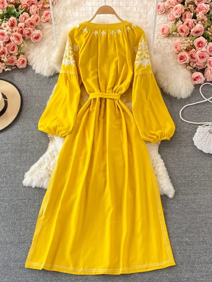 Holiday Embroidered Round Neck Lantern Sleeve Bohemian Vintage Loose Swing Dress