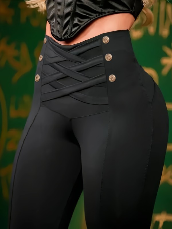 Sexy High-Waisted Leggings High-Waisted Black Leggings with Decorative Golden Buttons