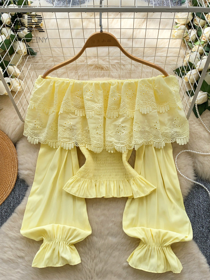 Floral Embroidery Lace Blouse Off Shoulder Long Sleeves Elastic Wiast Vacation Bohemian Sexy Shirt
