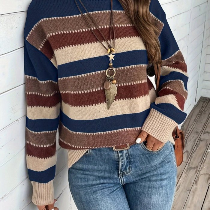 Women's Vintage Casual Horizontal Striped Soft Medium-Stretch Round Neck Long Sleeve Loose Sweater