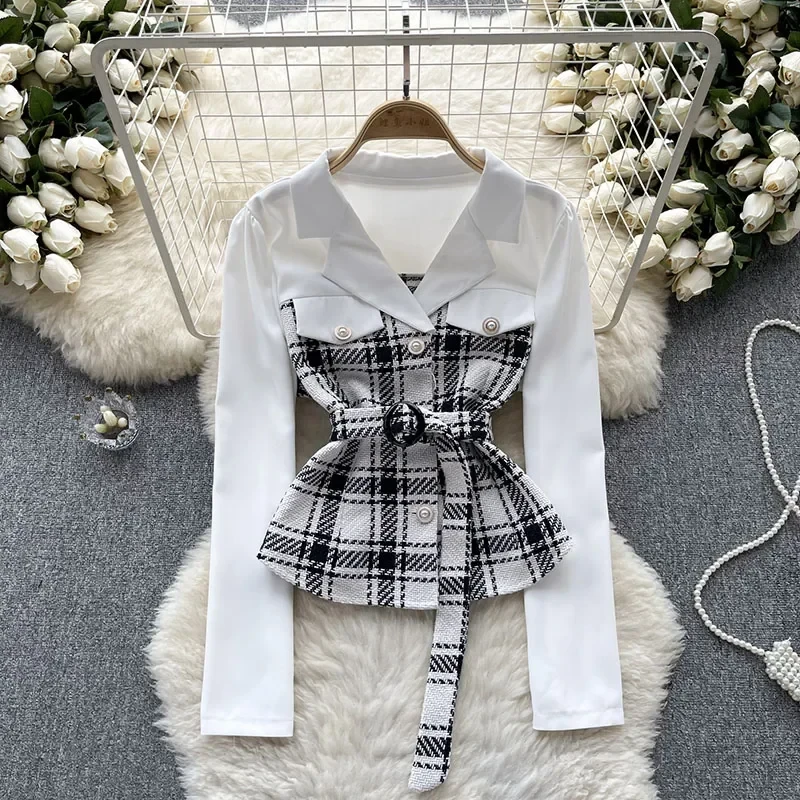 Women Autumn Shirt High Grade Fake Two Piece Checkered Shirt Color Matching Strap Design Feeling Niche Temperament Top