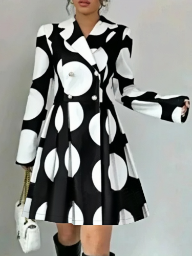 Polka-Dot Pleated Contrast Color Buttoned Long Sleeves High Waisted Lapel Midi Dresses