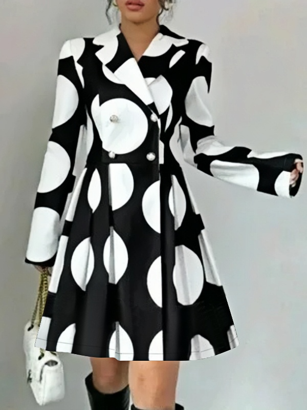 Polka-Dot Pleated Contrast Color Buttoned Long Sleeves High Waisted Lapel Midi Dresses