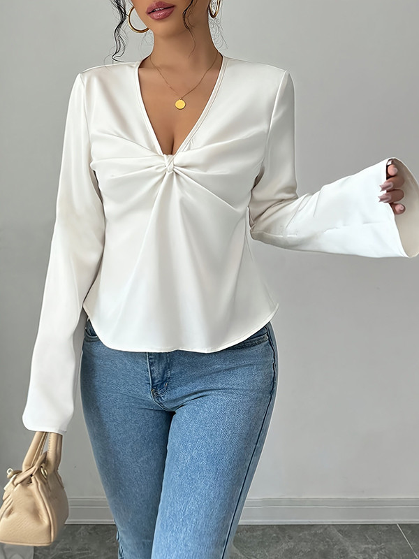 Split-Joint Solid Color Pleated Loose Long Sleeves V-neck Blouses&shirts Tops