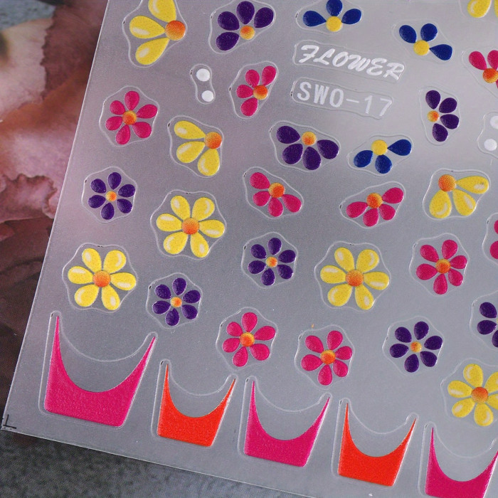 Colorful 5D Embossed Flower Nail Stickers, Semi-Glossy Irregular Fantasy Floral Nail Art Decals, Single Use DIY Self-Adhesive Summer Manicure Decor, Plastic Unscented Embroidered Sliders - 1 Sheet