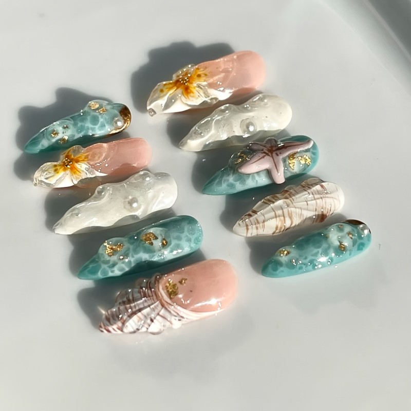 10pcs Set Almond-Shaped Handcrafted 3D Nails, Mixed Color Ocean-Inspired Design with Floral, Starfish, Pearls & Seashell Accents, Glossy Finish, Medium Length for Women and Girls Daily Wear & Gift