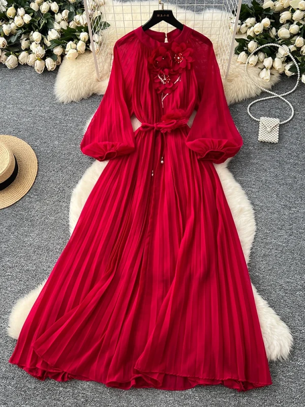 Fashion Elegant French 3D Floral Single Breasted Chiffon Long Sleeve Long Dress