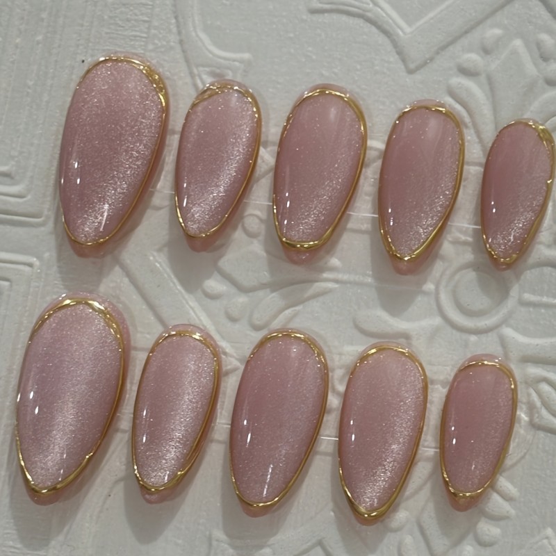 10pcs Handmade Purple Cat-Eye Glossy Press-On Nails - Almond Shape Medium Length False Nails with 3D Mirror Effect & Metallic Golden Accents for Elegant Manicure