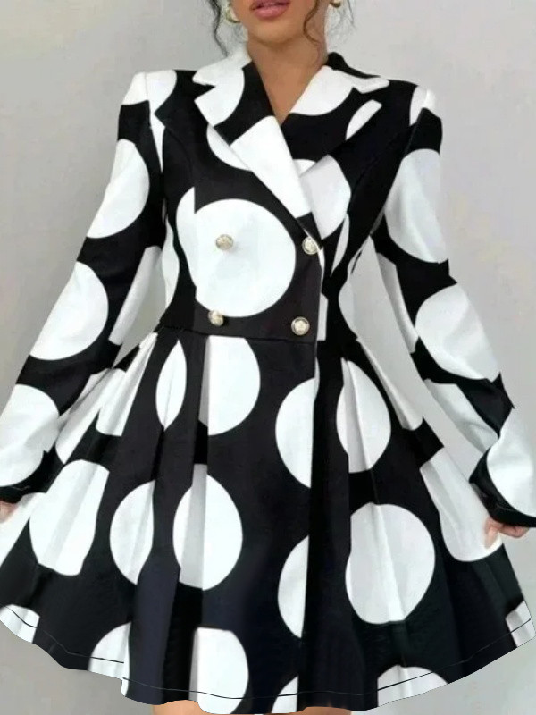 Polka-Dot Pleated Contrast Color Buttoned Long Sleeves High Waisted Lapel Midi Dresses