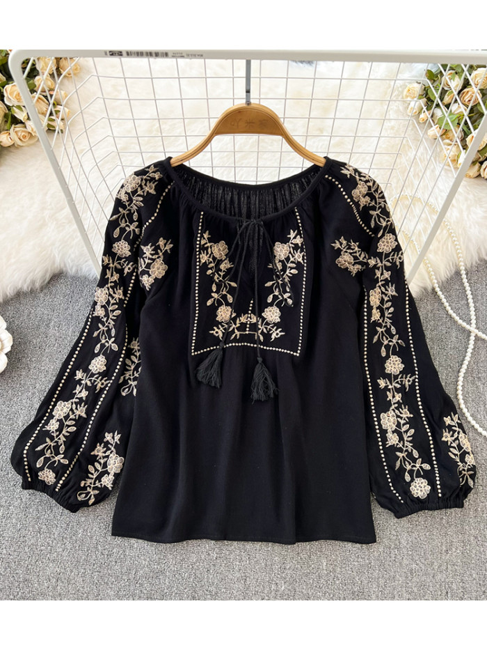 Women Spring Autumn Blouse Vintage National Style Long Sleeve Round Neck Pullover Embroidery Loose Shirt Doll Shirt Top