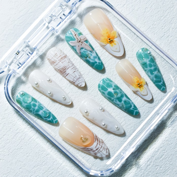 10pcs Set Almond-Shaped Handcrafted 3D Nails, Mixed Color Ocean-Inspired Design with Floral, Starfish, Pearls & Seashell Accents, Glossy Finish, Medium Length for Women and Girls Daily Wear & Gift