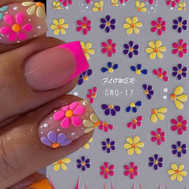 Colorful 5D Embossed Flower Nail Stickers, Semi-Glossy Irregular Fantasy Floral Nail Art Decals, Single Use DIY Self-Adhesive Summer Manicure Decor, Plastic Unscented Embroidered Sliders - 1 Sheet