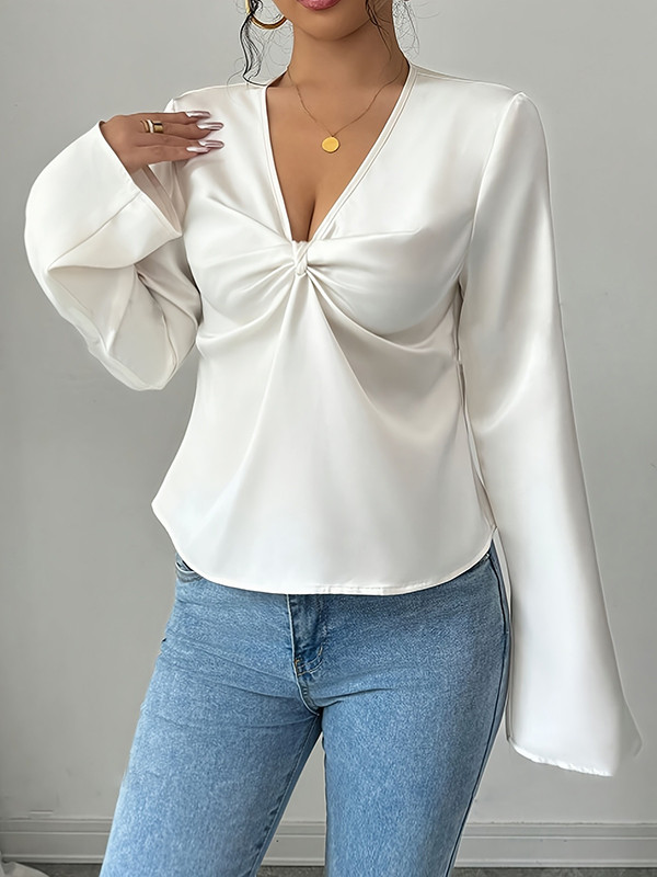 Split-Joint Solid Color Pleated Loose Long Sleeves V-neck Blouses&shirts Tops
