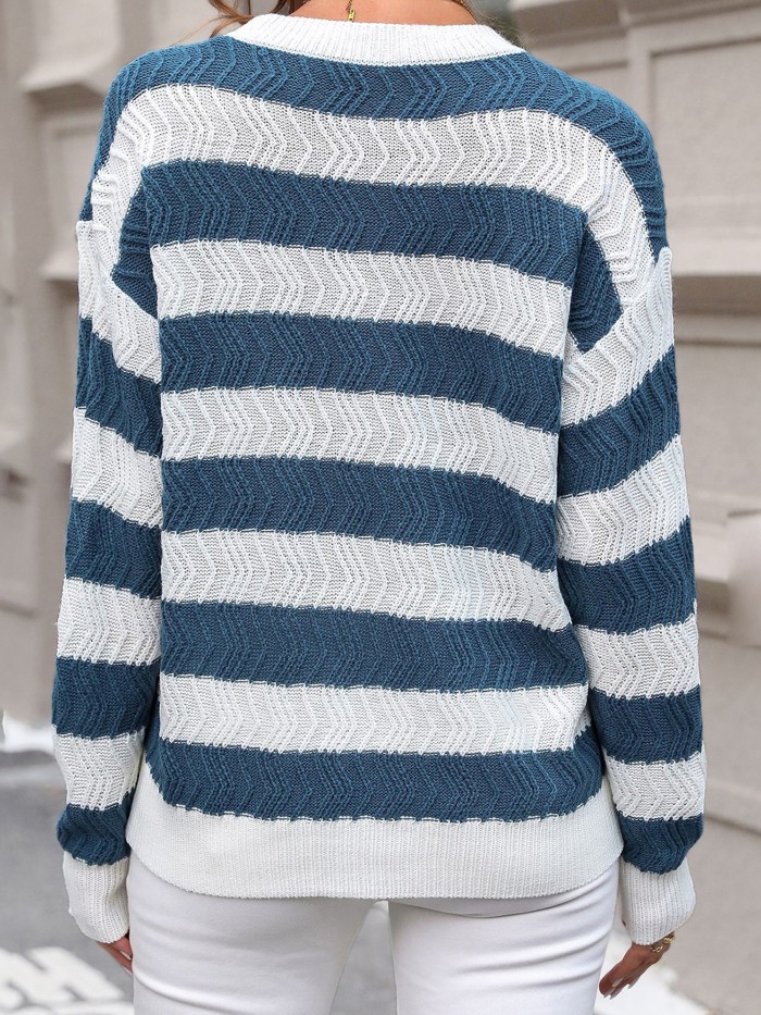 Women'S Elegant Blue & White Striped Oversized  Long Sleeve Round Neck Pullover Sweater