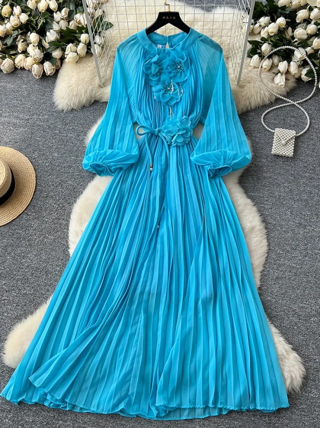 Fashion Elegant French 3D Floral Single Breasted Chiffon Long Sleeve Long Dress