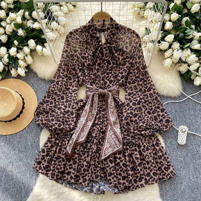 Fashionable Scarves Straps Waistband Lantern Sleeves Leopard Print Mesh A-line  Mini Dresses
