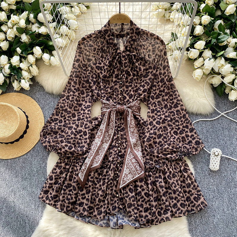 Fashionable Scarves Straps Waistband Lantern Sleeves Leopard Print Mesh A-line  Mini Dresses