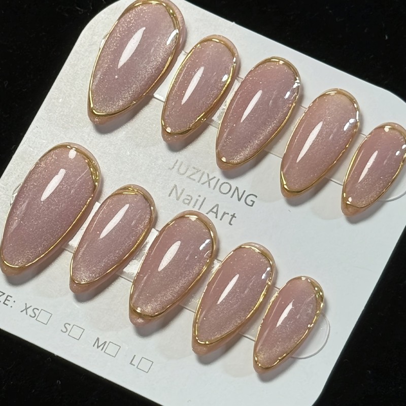 10pcs Handmade Purple Cat-Eye Glossy Press-On Nails - Almond Shape Medium Length False Nails with 3D Mirror Effect & Metallic Golden Accents for Elegant Manicure