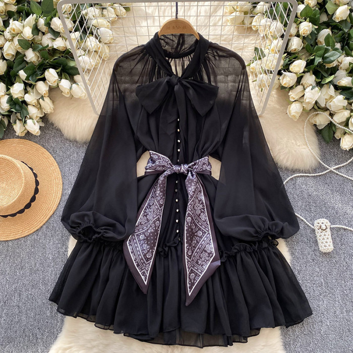 Fashionable Scarves Straps Waistband Lantern Sleeves Leopard Print Mesh A-line  Mini Dresses