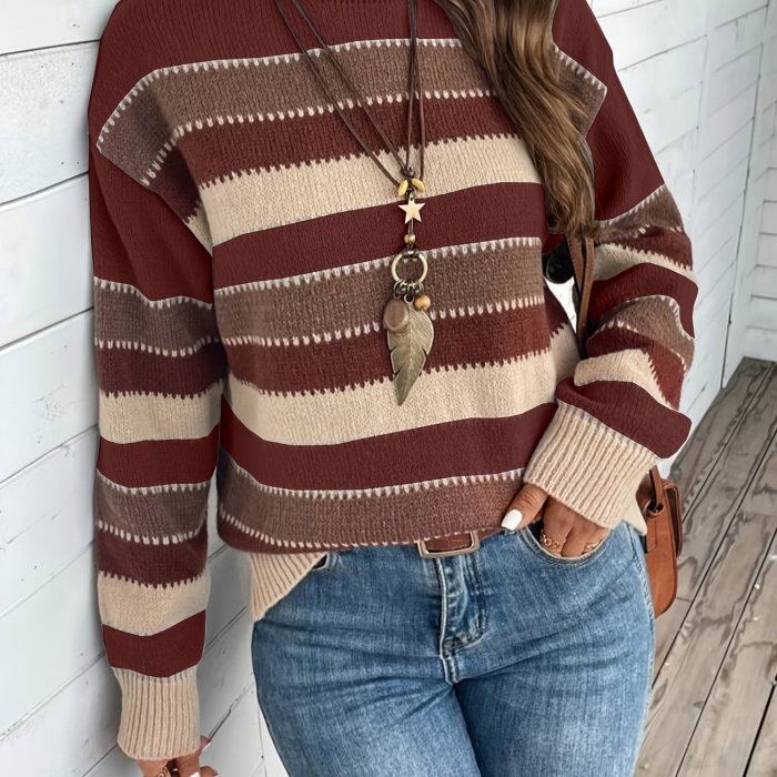 Women's Vintage Casual Horizontal Striped Soft Medium-Stretch Round Neck Long Sleeve Loose Sweater