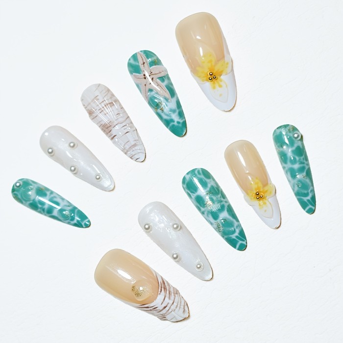 10pcs Set Almond-Shaped Handcrafted 3D Nails, Mixed Color Ocean-Inspired Design with Floral, Starfish, Pearls & Seashell Accents, Glossy Finish, Medium Length for Women and Girls Daily Wear & Gift